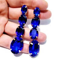Bridesmaid Drop Earrings, Royal Blue Chandelier Earrings, Rhinestone Austrian Cr - £28.36 GBP