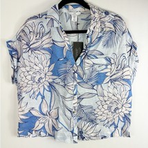 H by Halston Womens Button Down Linen Shirt Blue White Floral Medium - £26.03 GBP