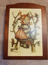 Wood Wall Art Plaque German Hummel Paper On Wood Girl in Tree with Birds - $14.84