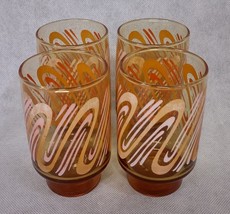 70&#39;s Retro Orange Swirl Glasses Tumblers 4 Amber Glass 4.75&quot; Tall - £29.07 GBP