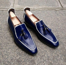 Handmade Men&#39;s Loafer Shoes, Navy Blue Leather Loafer Slip Tassels Casual Shoes. - £112.59 GBP