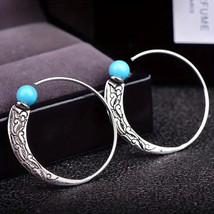 Scroll Turquoise Stone Hoop Earrings Silver - £7.45 GBP