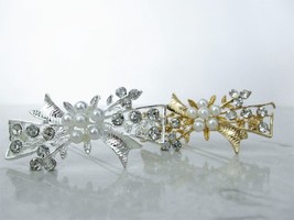 Silver  or gold  flower bow and leaf pearl crystal hair pin clip barrette - £5.44 GBP