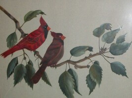 Red Wing Song Bird Cardinal Original Art Painting Vtg Home Decor Audubon N Couch - £45.11 GBP