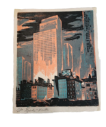 11&quot; x 13&quot; Vintage Chicago New York Cityscape Green Gray Salmon Pink Scre... - £61.39 GBP