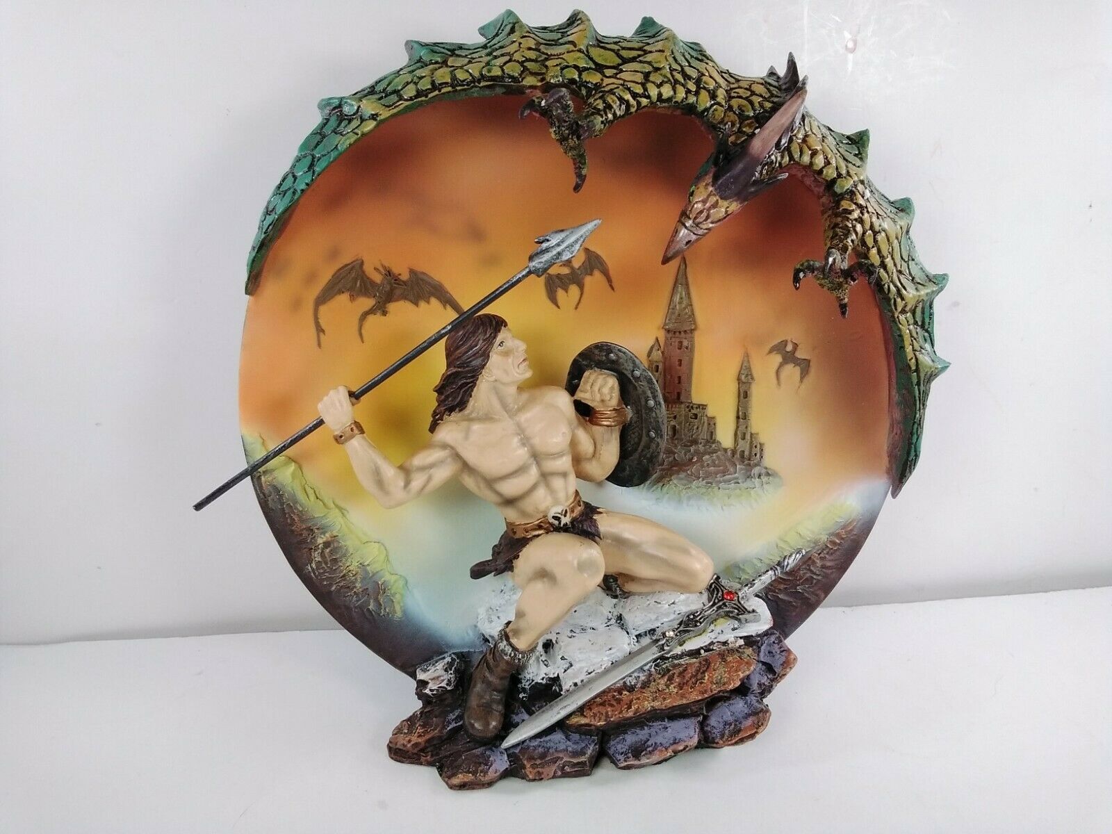 Medieval Legends Warrior Man Fighting &amp; Slaying Dragon 3-D Plate Fantasy... - $11.65
