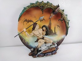 Medieval Legends Warrior Man Fighting &amp; Slaying Dragon 3-D Plate Fantasy Statue - £9.31 GBP