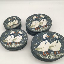 Vtg Handmade Painted Wooden Nesting Box Set Ducks Blue With Heats Country Farm - £14.38 GBP