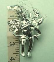 Vintage Silver Angel Christmas Cherub Ornament Plastic Playing Mandolin - £4.75 GBP