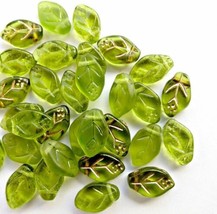 10 Czech Glass Leaf Beads Green Gold Jewelry Supplies 12mm Mix - £6.72 GBP