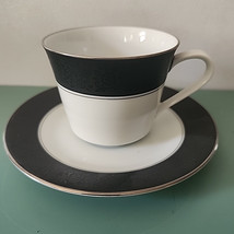 Noritake Mirano Coffee Tea Cup Japan 6878 Vintage Black White Silver Rim - £13.71 GBP