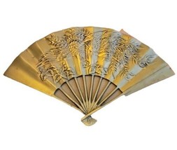 Vintage Solid Brass Oriental Hand Fan Dragon Phoenix Wall Decor Mid Cent... - £16.01 GBP
