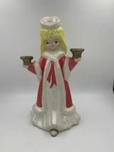 Vintage 16” Ceramic Angel Double Candleholder Handmade Blonde Hair Red Robe - £16.26 GBP