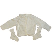 Vintage Handmade Baby Crochet/Knitted Set White 2 Piece Sweater Booties Layette - £33.53 GBP