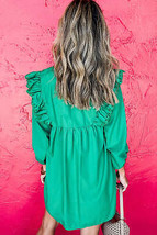 Bright Green Embroidered Ruffled Trim 3/4 Sleeve V Neck Mini Dress - £46.32 GBP