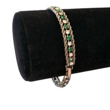 BLANCA Green Rhinestone Bracelet Vtg Rope Chain Detail Clear Prong Set P... - $19.79