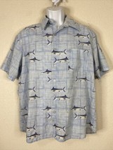 Roundy Bay Men Size L Blue Marlin Fish Button Up Shirt Short Sleeve - £5.01 GBP
