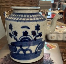 Antique Chinese Canton Export Blue &amp; White  Railroad Teapot In Travel Ba... - £148.41 GBP