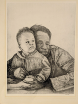 Vintage Print of Pencil drawing signed African American Art Father &amp; Child - $58.43