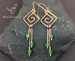Handmade copper earrings: square spiral long dangles green cube beads - £21.53 GBP
