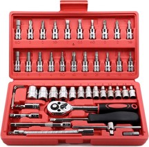 46 Pieces 1/4 inch Drive Socket Ratchet Wrench Set, with Bit Socket Set Metric - £23.19 GBP