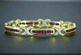 14 CT Princess Red Ruby &amp; Diamond Pretty Tennis Bracelet 14K Yellow Gold Over - £108.77 GBP