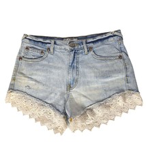 Free People Good Vibes Booty Jean Shorts Size 25 Blue Crochet Lace Distr... - £28.22 GBP