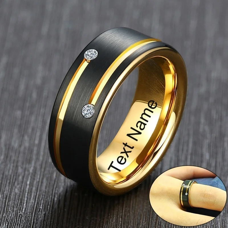 Free Custom Name Ring for Men Black Tungsten Carbide Wedding Band with GolLines  - £29.05 GBP