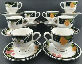 8 Sango Memories Coffee Tea Cup Saucer Set 3665 Vintage Black Band Flower Cups - £77.85 GBP