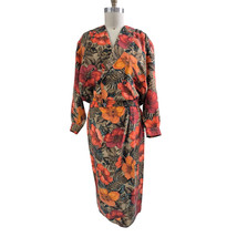 Vintage 80s Rafaella 100% Silk Hawaiian Floral 2PC Skirt Suit Orange Sz ... - $77.22