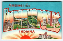 Greetings From Indianapolis Indiana Postcard Large Big Letter Linen Sky Blue - £7.32 GBP
