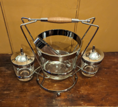 Silver Rim Glass Ice Bucket Olives Cherries Cocktail Set MCM Wood Handle... - $38.69