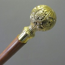 VICTORIAN Walking Stick Solid Wooden Brown Cane Brass Head Antique Gift Decor - £29.33 GBP