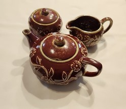 VINTAGE TEA SET 3 Piece -Pot, Cream &amp; Sugar Dishes~ Brown Floral Pattern... - $148.83 MXN
