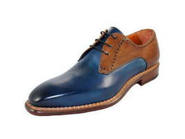 Men&#39;s Royal Blue Brown Oxford Derby Formal Dress Lace Up Handmade Leather Shoes - £119.89 GBP+