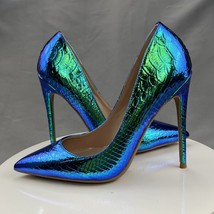 Shiny Blue Snakeskin Women Sexy Pointed Toe Slip On High Heel Shoes Ladies Party - £60.03 GBP