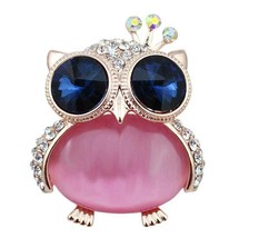 Stunning vintage look rose gold plated big owl blue eyes brooch broach pin z16 - £7.56 GBP