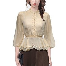 Ladies Lantern Sleeve Beige Chiffon Top Womens Blouse 2022 Spring Summer New Hig - £137.84 GBP