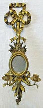 Vintage Italian Giltwood Bow Top Botanical Decor Mirror Two Candle Wall Sconce  - £172.59 GBP