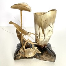 Crab Shrimp Lotus Hand Carved Animal Horn Sculpture Pen Holder Vintage Desk Set - £55.90 GBP