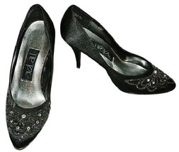 Tip Toe Pumps Rhinestone Beaded Black Satin Heels size 8 Vintage Shoes - £20.42 GBP