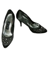 Tip Toe Pumps Rhinestone Beaded Black Satin Heels size 8 Vintage Shoes - $35.87 CAD
