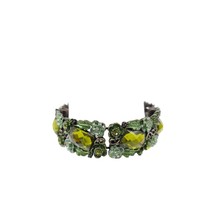 Green Prystal Enamel Flower Open Cuff Bangle Bracelet Vintage - $17.81