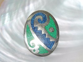 Vintage Alpaca Mexico Signed Large Silver Oval with Blue &amp; Green Stone Chip - £11.14 GBP