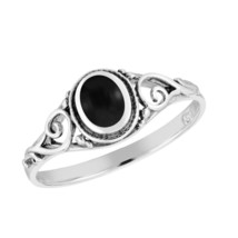 Vintage Art Deco Filigree Oval Black Onyx Sterling Silver Ring-9 - £10.57 GBP