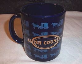 AMISH COUNTRY Mug Horse Drawn Buggy Blue Metallic Gold Unique Design Cof... - $23.26