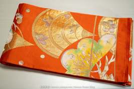 Matsu &amp; Sensu Fukuro Obi - Gold Folding Fans and Pine Trees on Orange - ... - $55.00