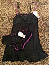 Affinitas G. Grace Babydoll chemise w/matching hipster panty black/viole... - $23.36