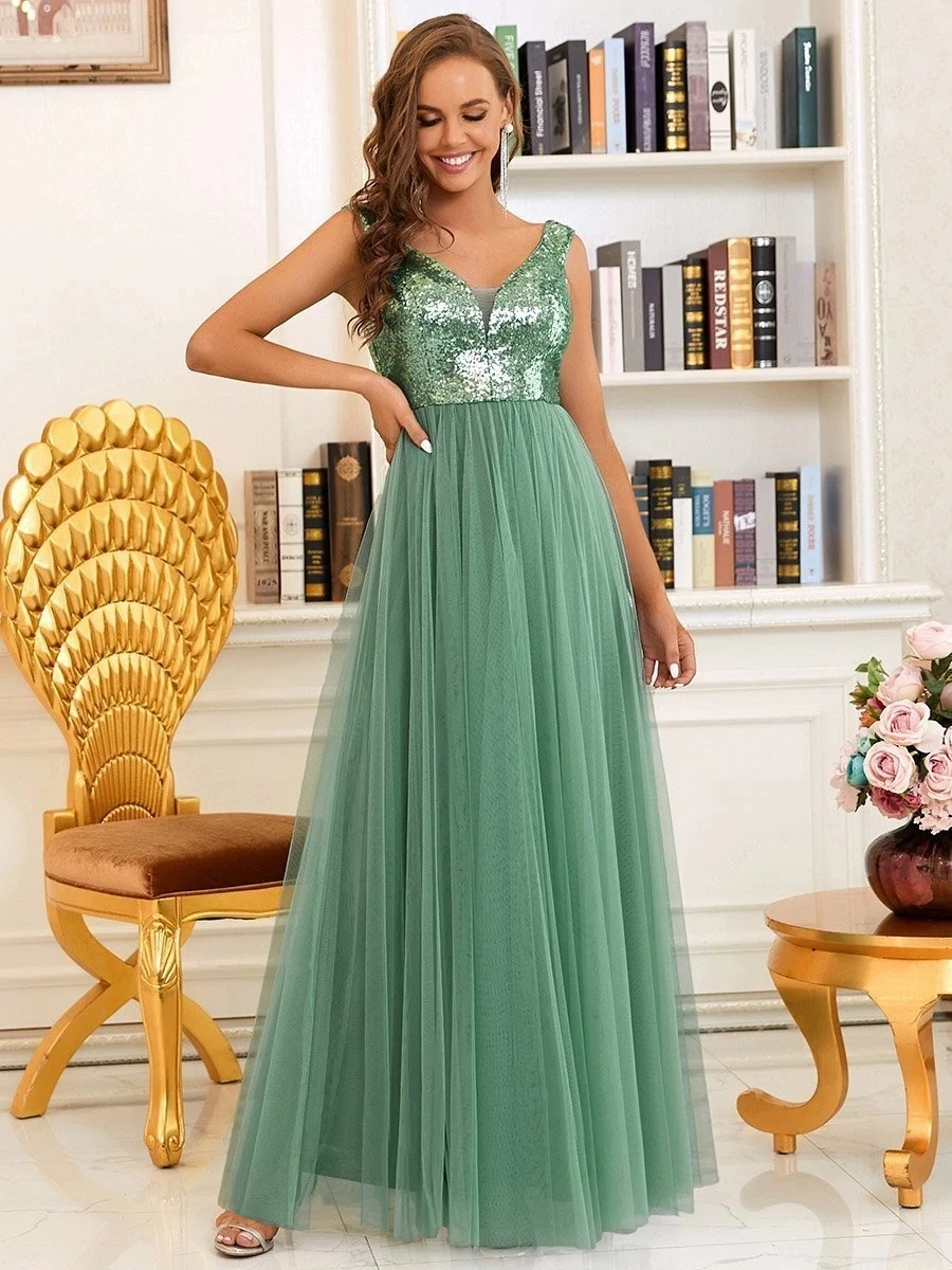 Elegant Evening Dresses A-LINE Sleeveless V-neck Long Sequins 2023 ever pretty o - $127.78