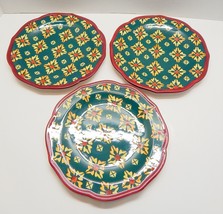 Pioneer Woman Vintage Geo Salad Plates Green Yellow Red Trim Stoneware S... - £39.95 GBP